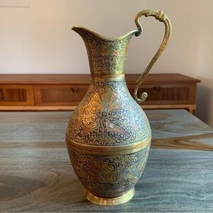 Etched Brass Vase Pitcher Peacocks Birds Vintage Patina Ornate Gold Colored